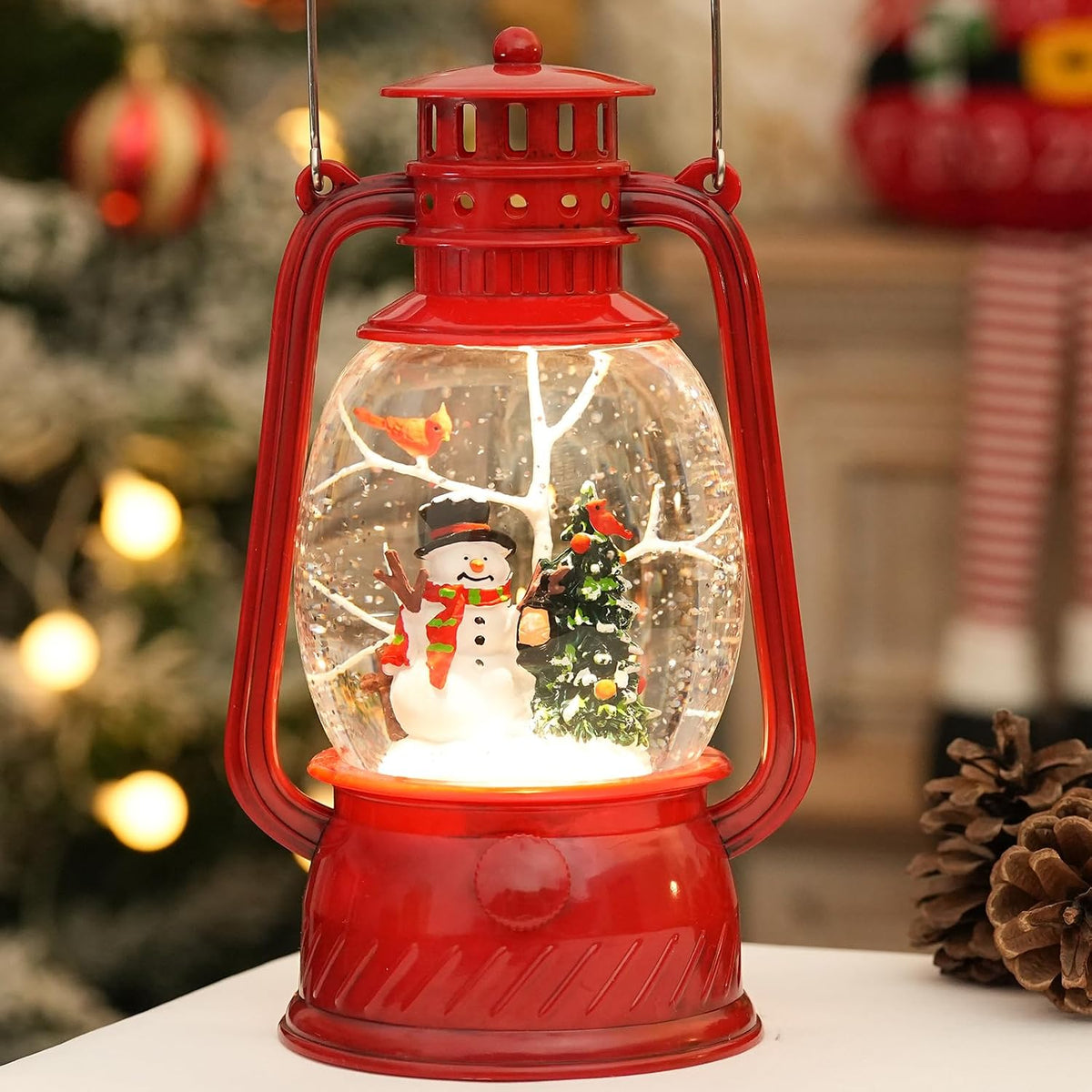 Snow Globe Christmas Decorations Indoor, Snowman Lighted Musical Christmas Snow Globes Lantern with Glitter & 6H Timer, Farmhouse Snowman Globes Christmas Decorations for Home