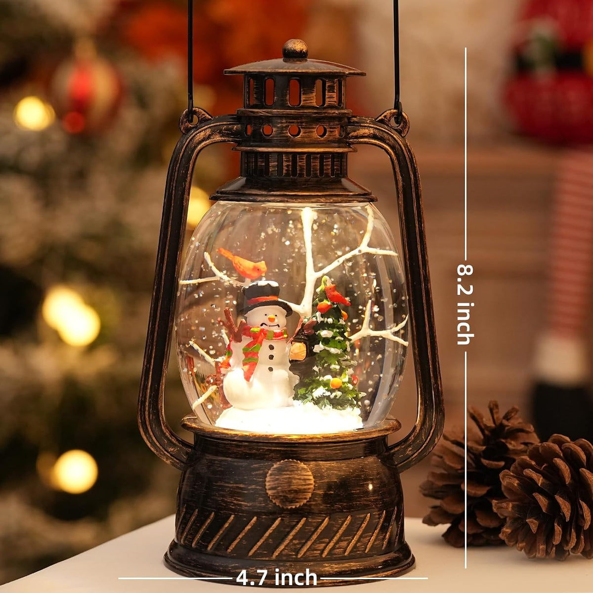 Snow Globe Christmas Decorations Indoor, Snowman Light Up Musical Christmas Snow Globes Lantern with Glitter & 6H Timer, Snowman Snow Globe Decorations for Home