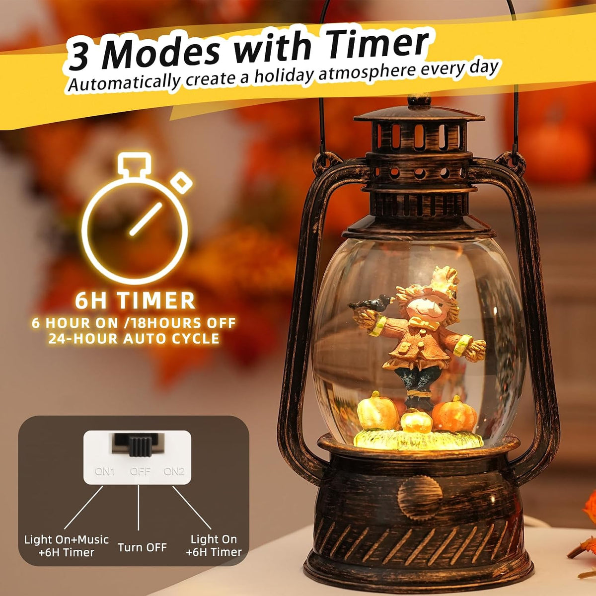 Fall Decor Scarecrow Snow Globe, Light Up Fall Snow Globe Thanksgiving Decorations, 6Hour Timer Battery Powered Fall Lantern with Swirling Glitter, Harvest Autumn Thanksgiving Home Decor
