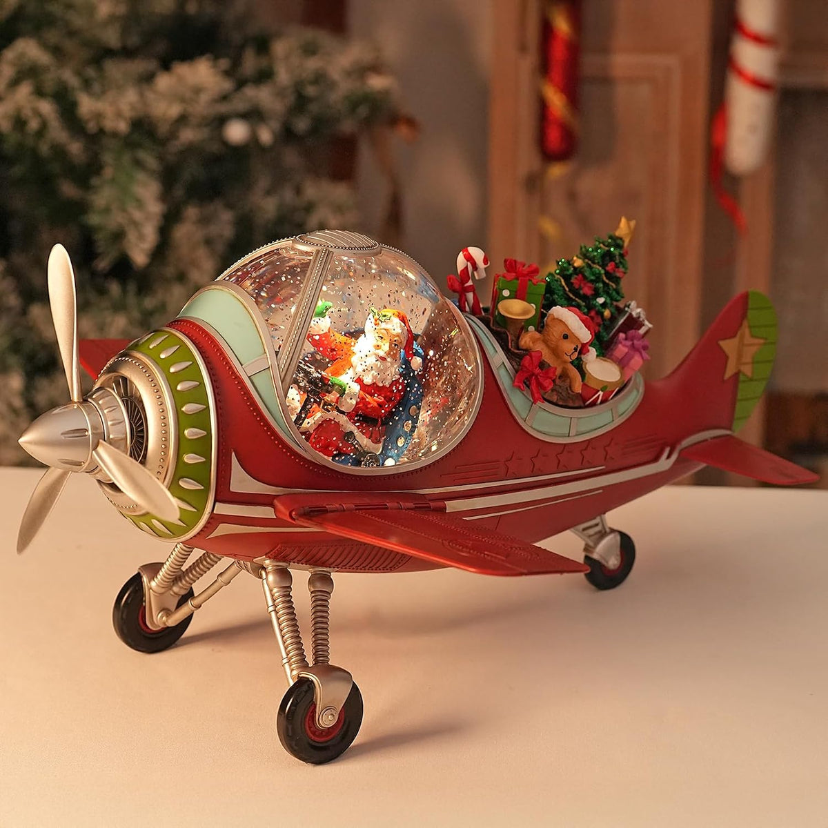 Large Airplane Christmas Snow Globe with Santa Claus Gifts, Lighted Musical Snow Globe Christmas Decorations with Swirling Glitter, USB Powered, Holiday Decor​(Santa Claus Airplane)