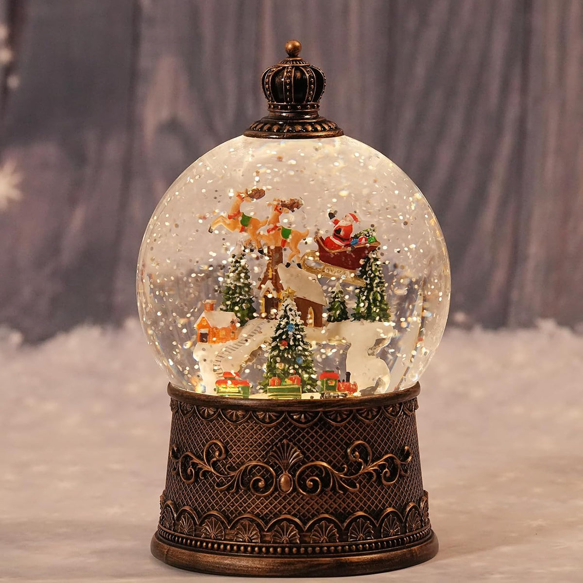 Snow Globe Christmas with Elk, Lighted Christmas Snow Globes with Timer, Swirling Musical Glittering Snowglobe Lantern for Decorations(SnowTrain Elk)