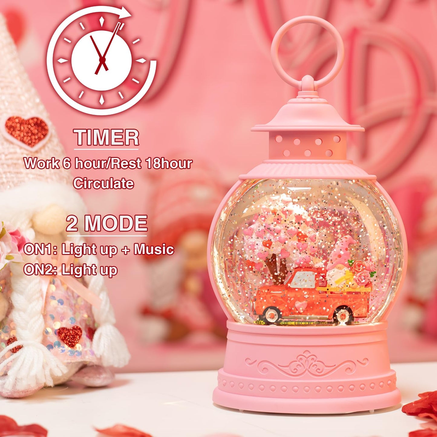 Mothers Day Decorations Musical Gnomes Snow Globe,Red Truck Gnomes Light Up Snow Globe 6H Timer, USB/Battery Operated, for Mom,Wedding Party