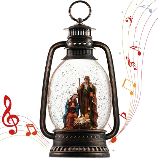 12.6 Inch Large Christmas Snow Globes, Nativity Snow Globe Christmas with Silent Night Music, Glittering Timer Snow Globe Lantern with Jesus for Christmas Decor(Jesus)