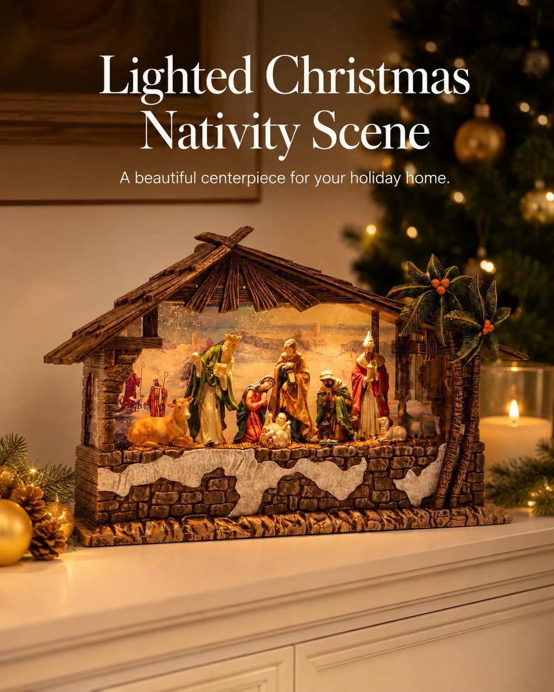 Nativity Christmas Snow Globe, Large Lighted Musical Nativity Scene Holiday Decoration, 13.5 Inch Resin Christmas Tabletop Decor with Timer, USB & Battery Powered for Mantel and Home Display