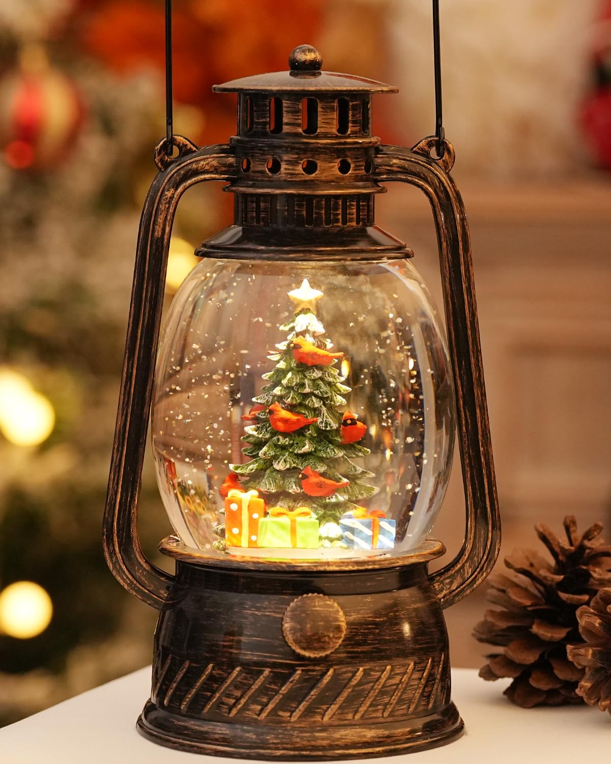 Christmas Decorations Musical Snow Globes Lighted Tree Cardinal Glittering with 6H Time Lantern USB Lined/Battery Operated for Christmas Decorations Indoor Gifts