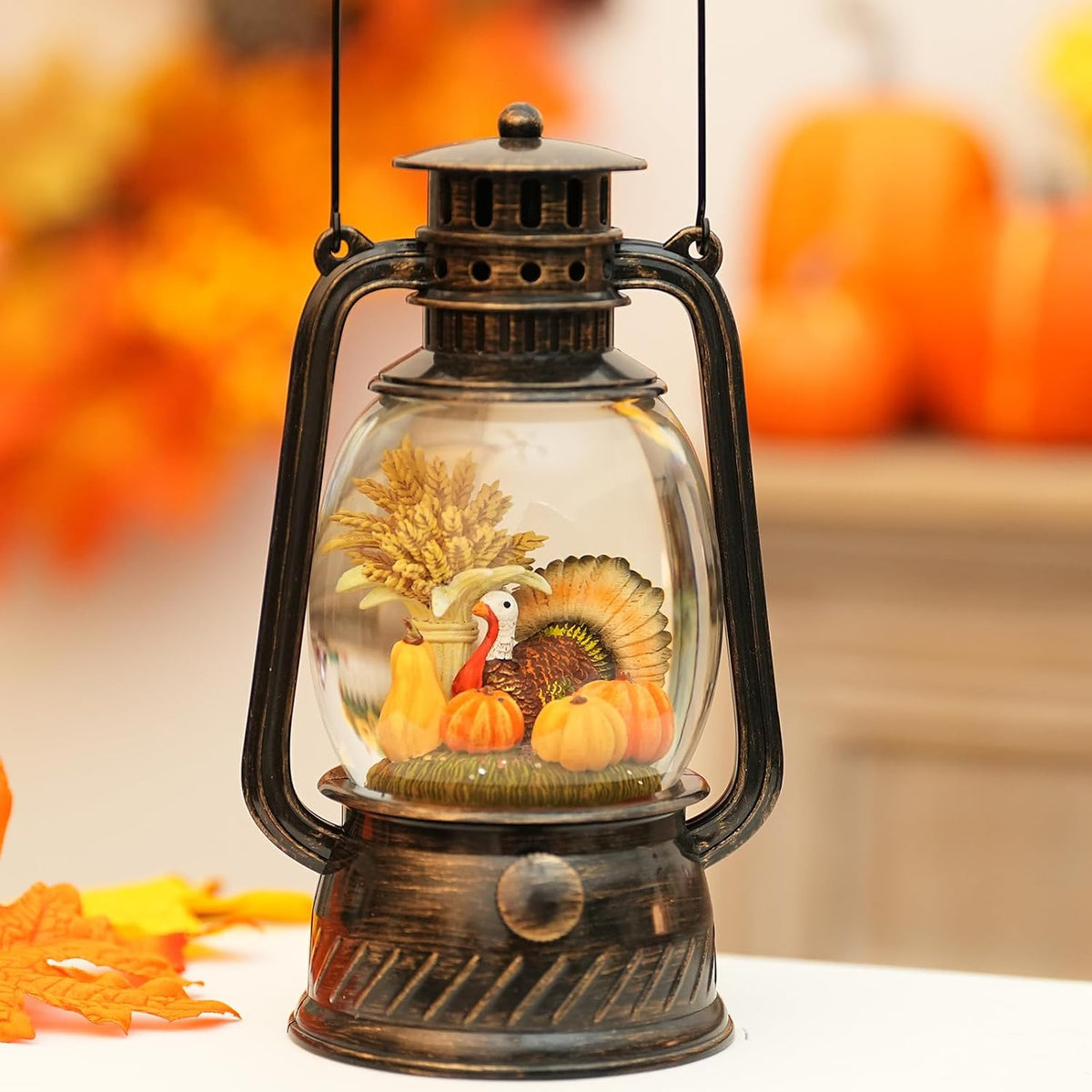 Fall Snow Globe Lantern Turkey Thanksgiving Decorations,Light Up Fall Lantern with 6H Timer Glitter Thanksgiving Snow Globe, Pumpkin Autumn Scene Fall Decorations for Home