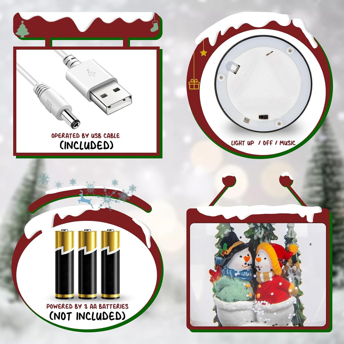 Snow Globe Christmas Decorations Snowman, Musical Glitter Christmas Snow Globes Light Up Lantern 6H Timer USB Lined/Battery, Christmas Village Snowman Snow Globe Decor Gifts