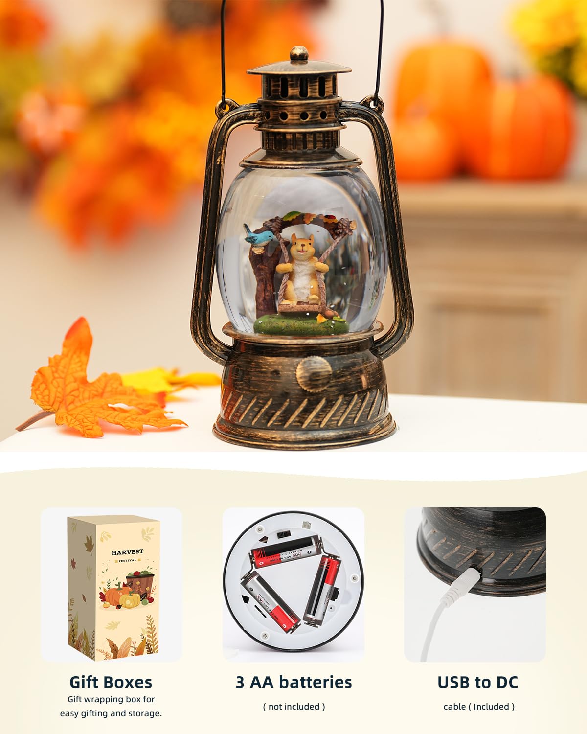 Fall Squirrel Snow Globe,Lighted with 6H Timer Glittering Blue Robin Squirrel Snow Globe Gifts for Christmas Fall Squirrel Decor Gifts