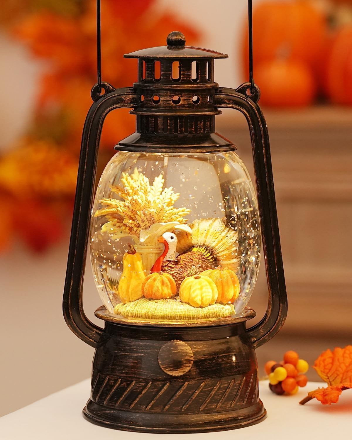 Fall Snow Globe Lantern Turkey Thanksgiving Decorations,Light Up Fall Lantern with 6H Timer Glitter Thanksgiving Snow Globe, Pumpkin Autumn Scene Fall Decorations for Home