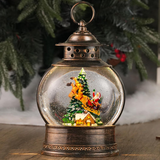 Christmas Snow Globes Christmas Decorations, 12" Lighted Musical Snow Globe Lantern, Santa in Sleigh with Deer Christmas Decoration Indoor & Gifts, 6H Timer, USB/Battery Operated