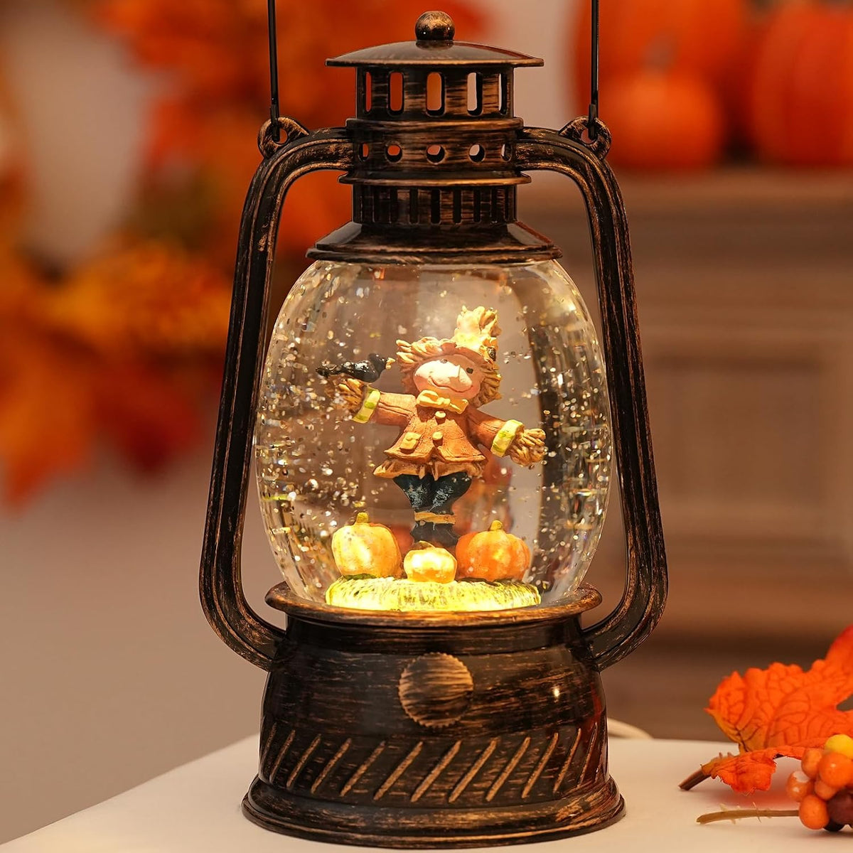 Fall Decor Scarecrow Snow Globe, Light Up Fall Snow Globe Thanksgiving Decorations, 6Hour Timer Battery Powered Fall Lantern with Swirling Glitter, Harvest Autumn Thanksgiving Home Decor
