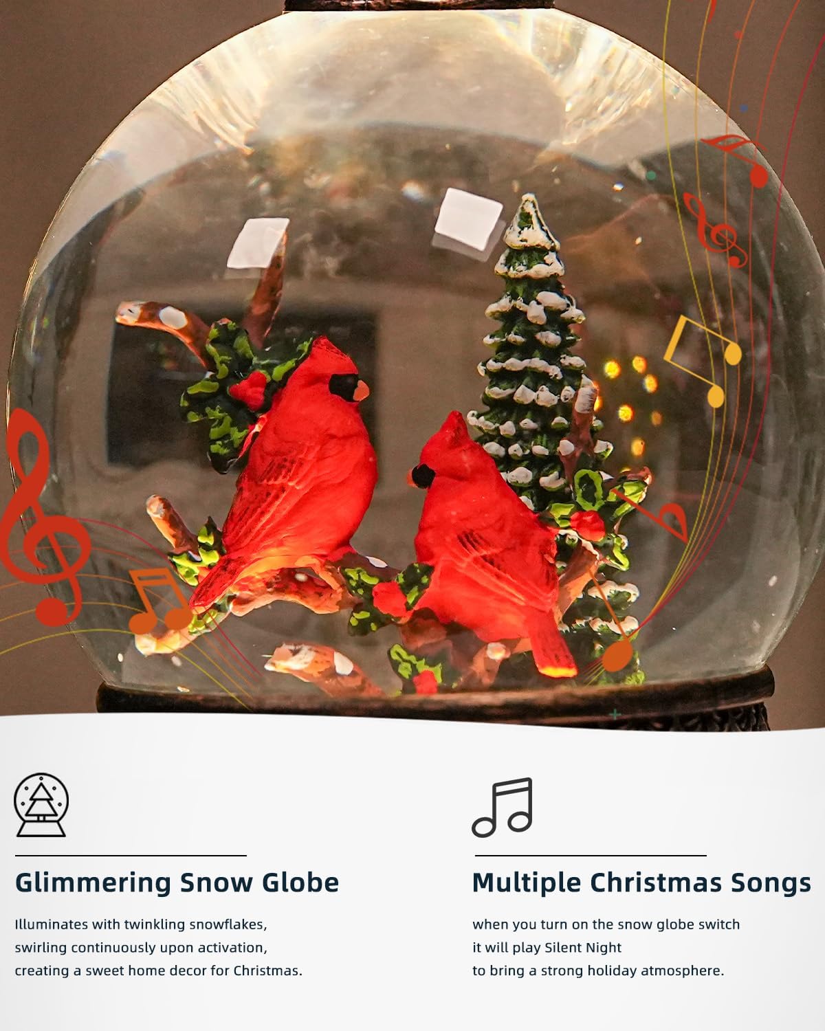 Cardinal Snow Globe, Lighted Christmas Snow Globes with Timer, Swirling Musical Glittering Snowglobe Lantern for Christmas Decorations(Cardinals)