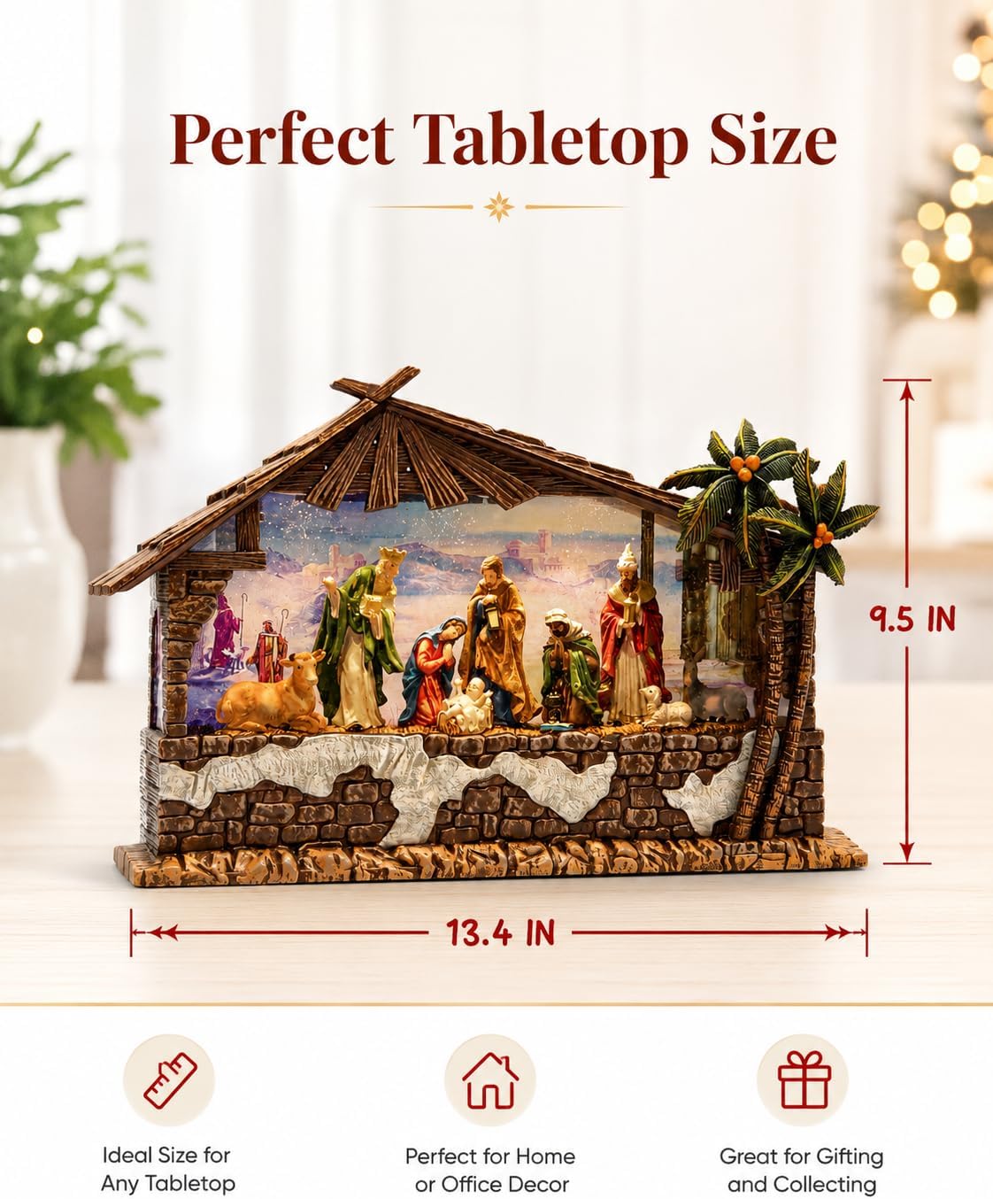 Nativity Christmas Snow Globe, Large Lighted Musical Nativity Scene Holiday Decoration, 13.5 Inch Resin Christmas Tabletop Decor with Timer, USB & Battery Powered for Mantel and Home Display