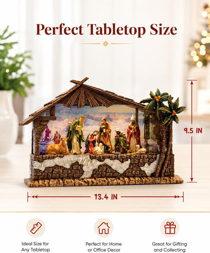 Nativity Christmas Snow Globe, Large Lighted Musical Nativity Scene Holiday Decoration, 13.5 Inch Resin Christmas Tabletop Decor with Timer, USB & Battery Powered for Mantel and Home Display