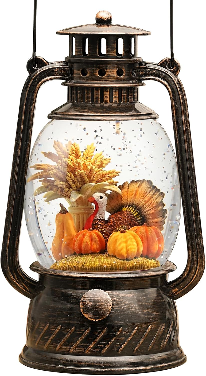Fall Snow Globe Lantern Turkey Thanksgiving Decorations,Light Up Fall Lantern with 6H Timer Glitter Thanksgiving Snow Globe, Pumpkin Autumn Scene Fall Decorations for Home