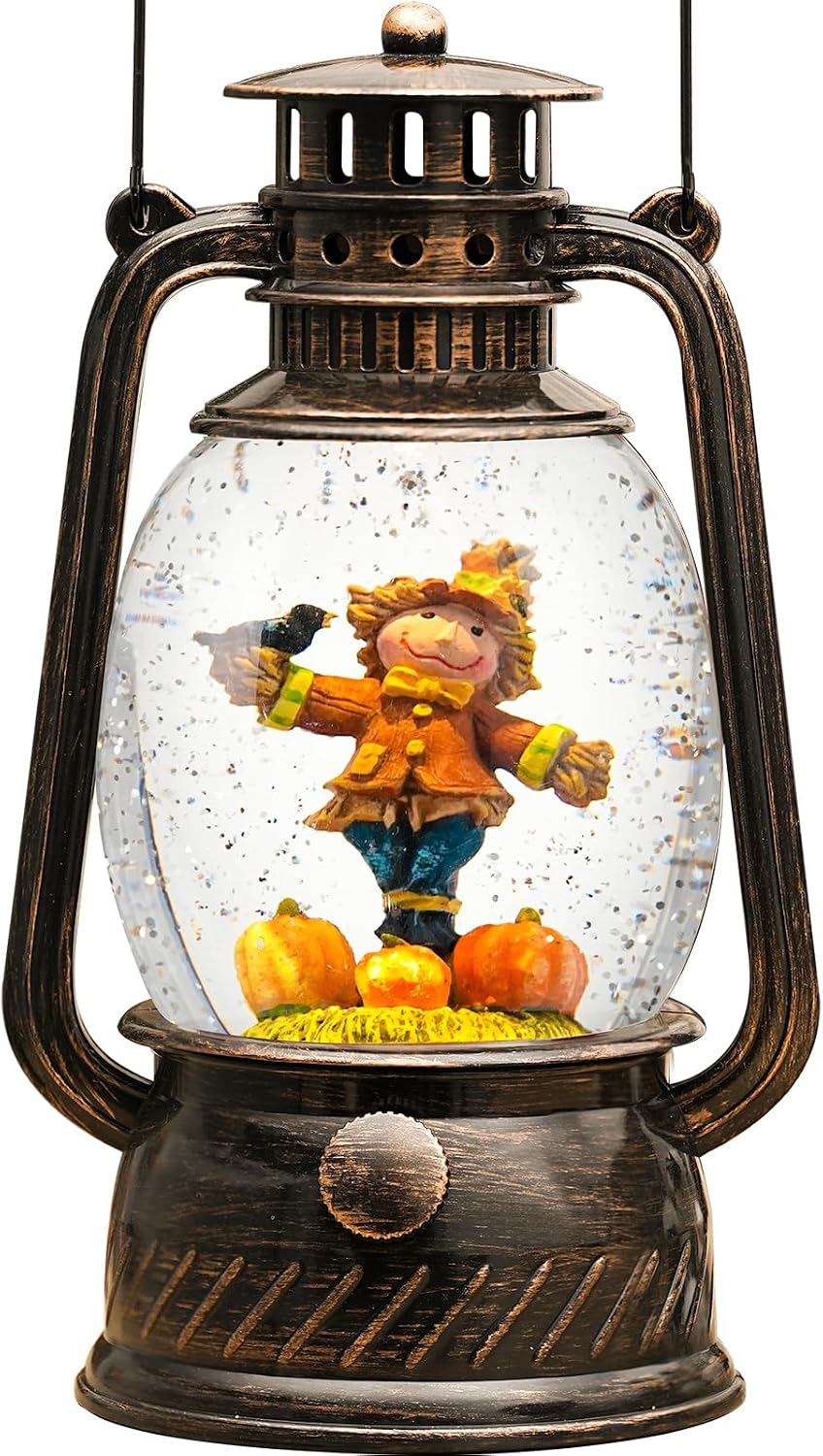 Fall Decor Scarecrow Snow Globe, Light Up Fall Snow Globe Thanksgiving Decorations, 6Hour Timer Battery Powered Fall Lantern with Swirling Glitter, Harvest Autumn Thanksgiving Home Decor