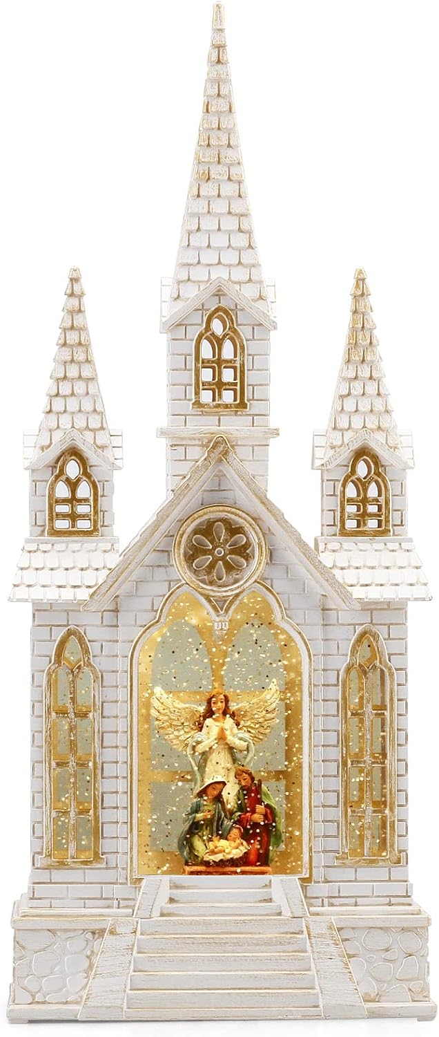 16Inch Christmas Snow Globes Nativity Church Lighted Christmas Decorations Glitter Globe Lantern 6H Timer, Musical Angel Snow Globe Graduation/Christian/Christmas Decor Gifts