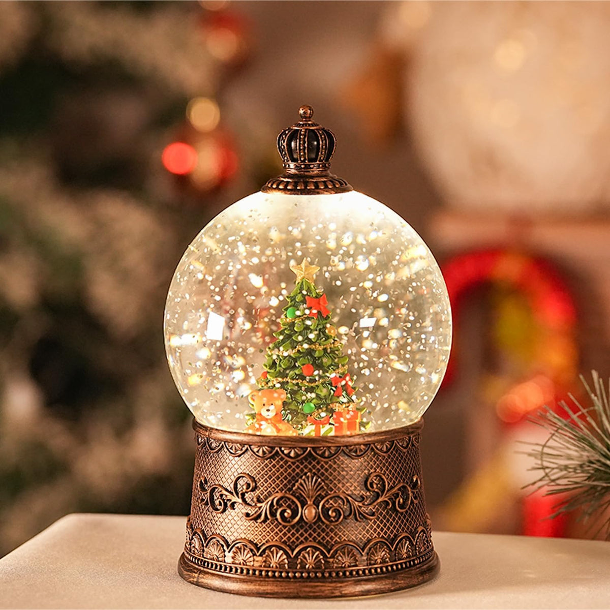 Snow Globe Christmas, Lighted Christmas Snow Globes with Timer, Swirling Musical Glittering Snowglobe Lantern for Decorations(Bear Gifts)