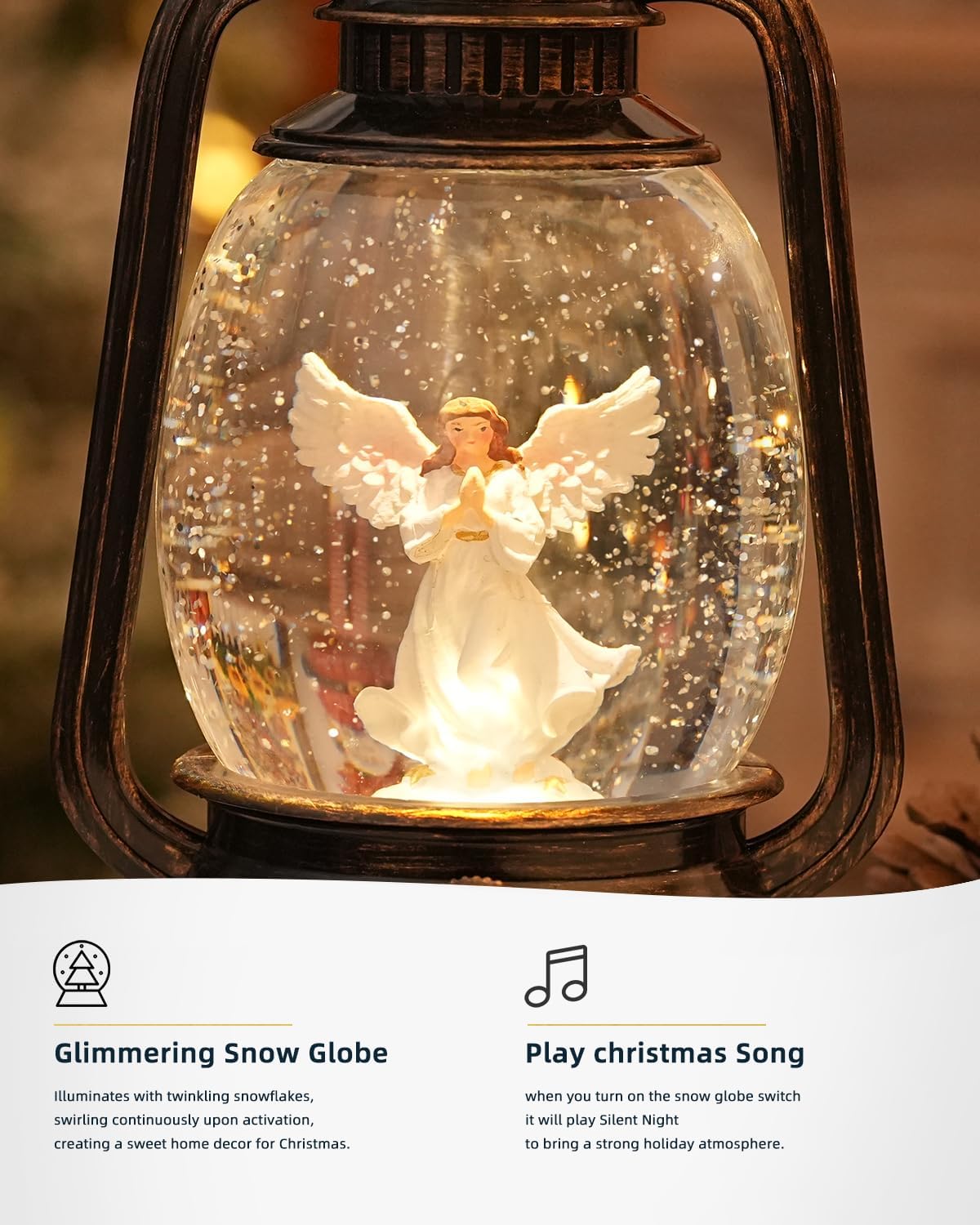 Christmas Decorations Indoor-Musical Snow Globe Christmas with 6H Timer,Angel Lighted Scene Snow Globes Lantern USB or Battery Powered,Christmas Decorations Decor for Home