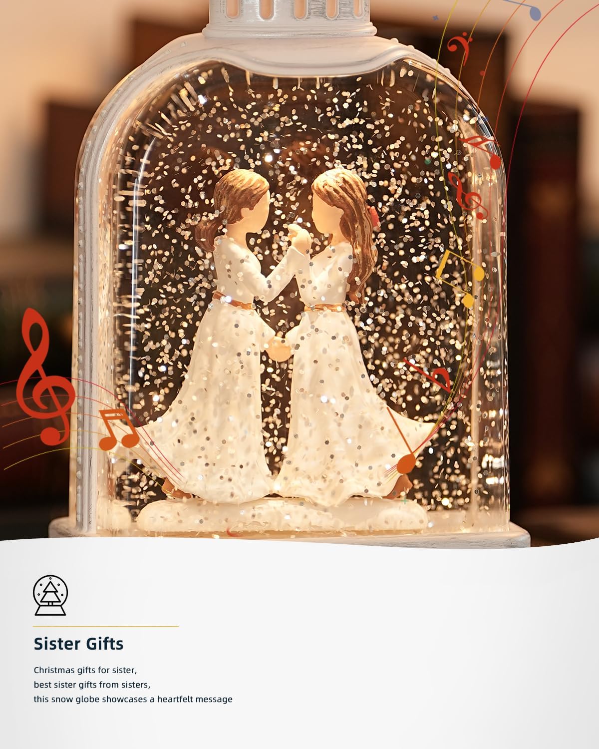 Sister Gifts Christmas Snow Globes, Light Up 6H Timer Glitter Globe Sister Gifts from Sisters, Best Friends Bestie,Birthday Sister for Sister Figurines