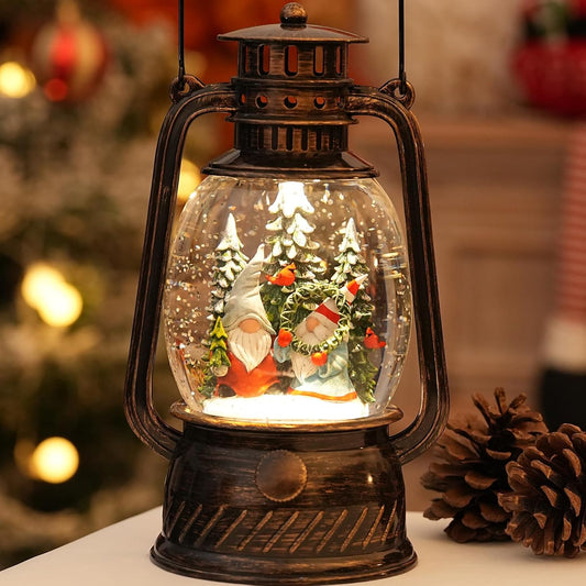 Gnomes Snow Globe Christmas Decorations, Light Up Musical Christmas Snow Globes Lantern with Glitter & 6H Timer, Christmas Gnomes Decorations Gift for Home