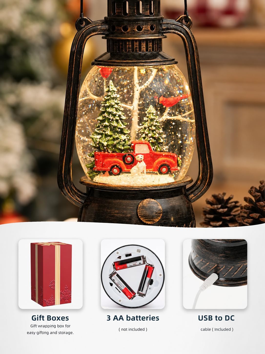 Christmas Snow Globe Lantern, Red Truck Musical Glowing Snow Globes, Indoor Home Christmas Decor, Battery or USB Powered, with 6-Hour Timer, Holiday Decor Gift Christmas Lantern