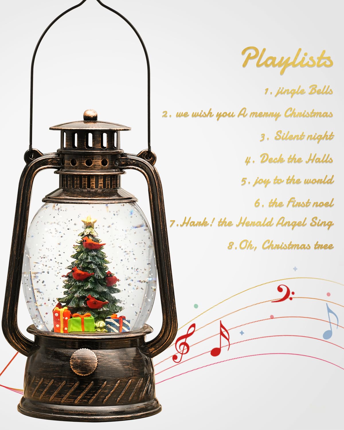 Christmas Decorations Musical Snow Globes Lighted Tree Cardinal Glittering with 6H Time Lantern USB Lined/Battery Operated for Christmas Decorations Indoor Gifts