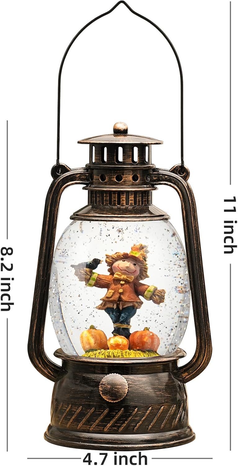 Fall Decor Scarecrow Snow Globe, Light Up Fall Snow Globe Thanksgiving Decorations, 6Hour Timer Battery Powered Fall Lantern with Swirling Glitter, Harvest Autumn Thanksgiving Home Decor