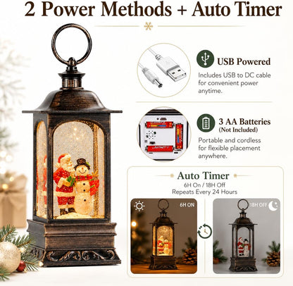 Christmas Snow Globe Lantern, Musical Snow Globe with Swirling Glitter, Battery Powered, Christmas Decorations Indoor for Home - Santa and Snowman