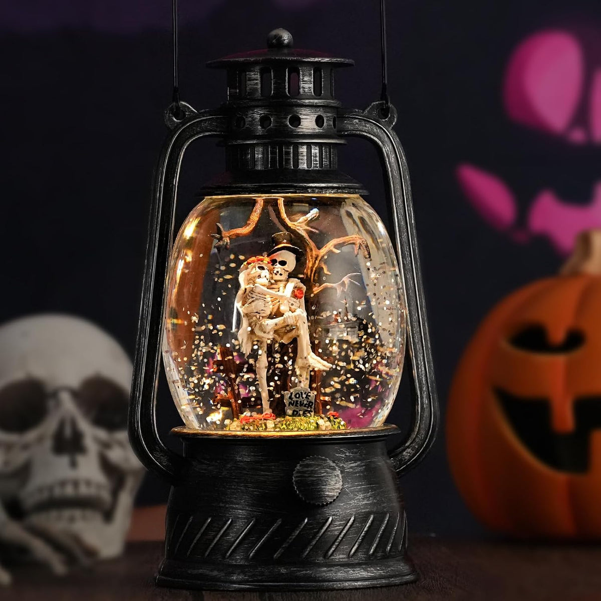 Halloween Snow Globe, Halloween Decorations Indoor Light Up Snow Globe Lantern with Music, 6H Timer, Love Never Dies Swirling Glitter Halloween Lantern for Halloween Home Decorations