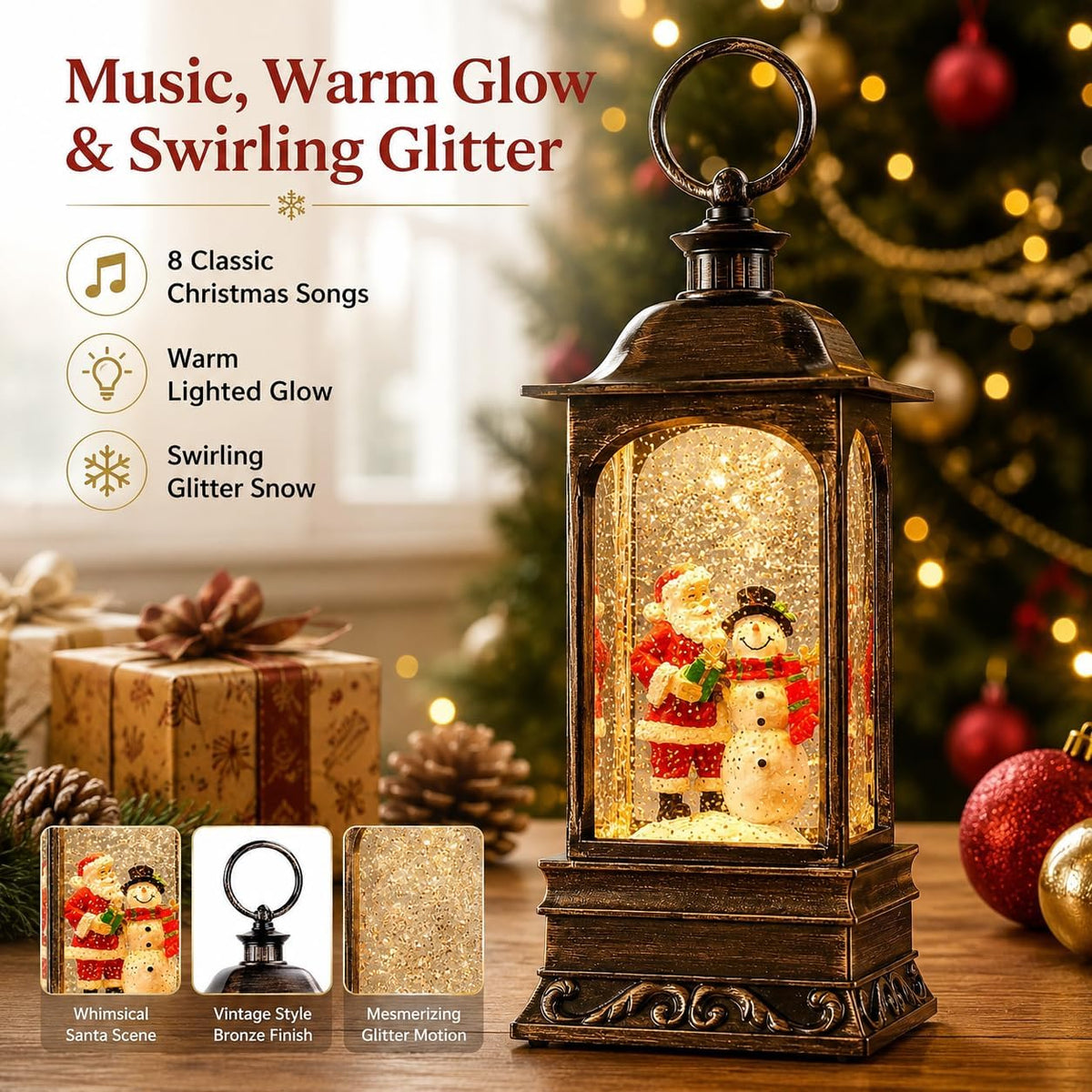 Christmas Snow Globe Lantern, Musical Snow Globe with Swirling Glitter, Battery Powered, Christmas Decorations Indoor for Home - Santa and Snowman
