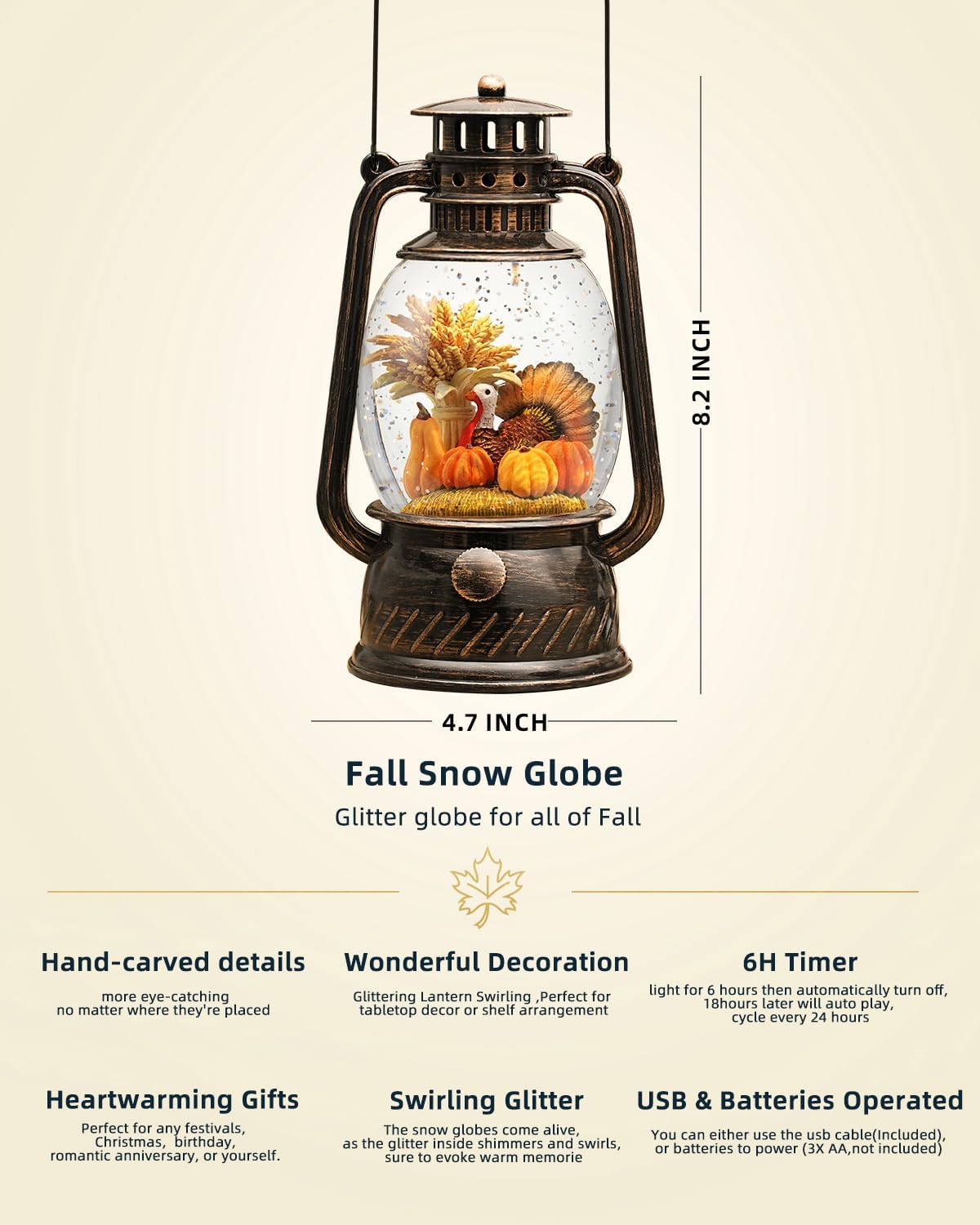 Fall Snow Globe Lantern Turkey Thanksgiving Decorations,Light Up Fall Lantern with 6H Timer Glitter Thanksgiving Snow Globe, Pumpkin Autumn Scene Fall Decorations for Home