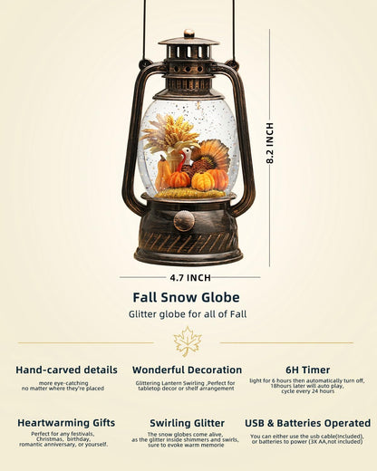 Fall Snow Globe Lantern Turkey Thanksgiving Decorations,Light Up Fall Lantern with 6H Timer Glitter Thanksgiving Snow Globe, Pumpkin Autumn Scene Fall Decorations for Home