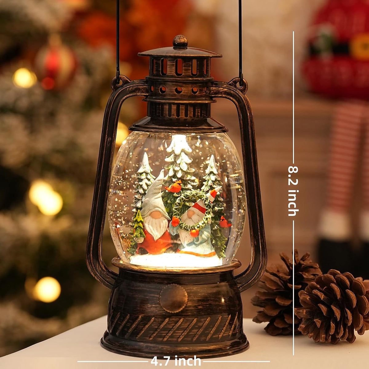 Gnomes Snow Globe Christmas Decorations, Light Up Musical Christmas Snow Globes Lantern with Glitter & 6H Timer, Christmas Gnomes Decorations Gift for Home