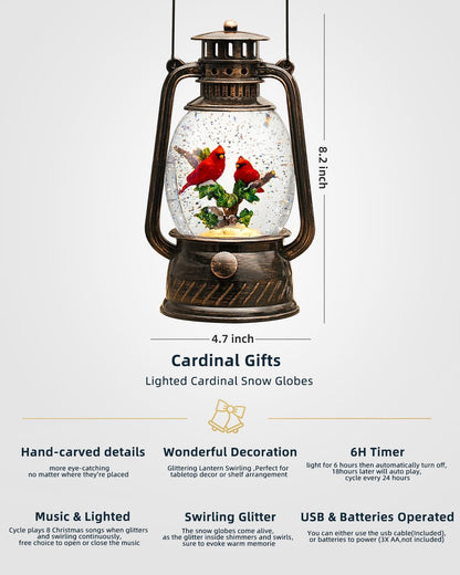 Christmas Snow Globes Cardinal Gifts,Christmas Decorations Cardinal Snow Globe, Musical Lantern Light Up 6H Time Glitter Globe Cardinal Red Bird Memorial Gift for Women