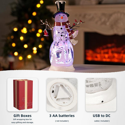 Large Snowman Christmas Snow Globe with Cardinals - Rotating Internal Scene with Swirling Glitter & Colorful Lights, 6H-Timer, Battery/USB Powered, Holiday Christmas Decoration​(Snowman Cardinals)