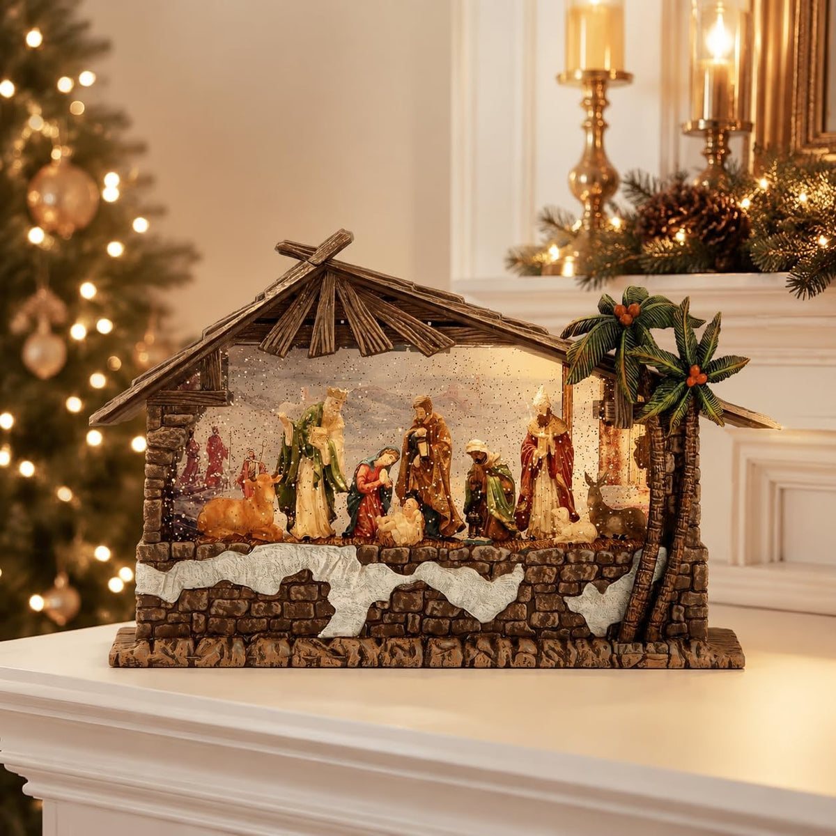 Nativity Christmas Snow Globe, Large Lighted Musical Nativity Scene Holiday Decoration, 13.5 Inch Resin Christmas Tabletop Decor with Timer, USB & Battery Powered for Mantel and Home Display