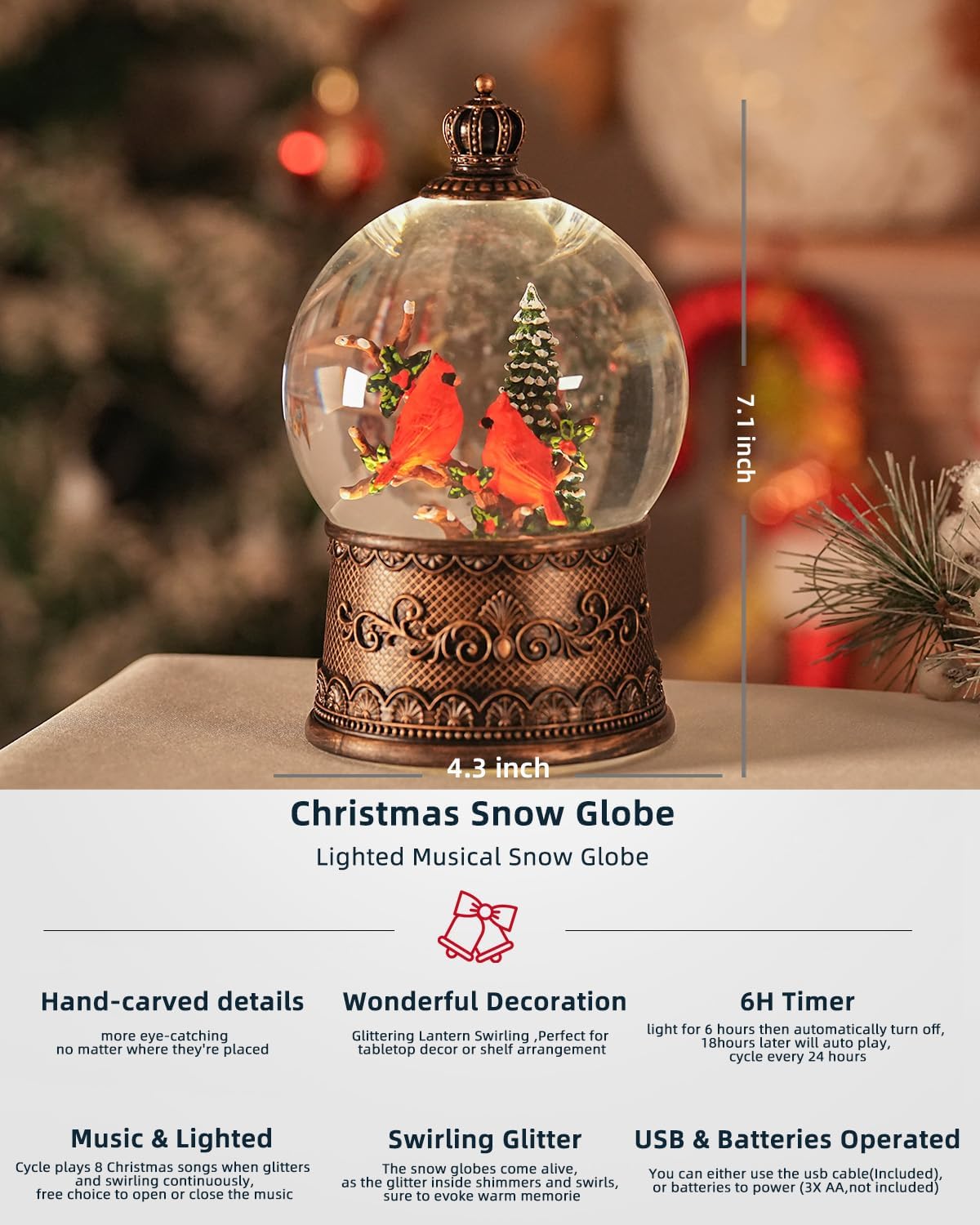 Cardinal Snow Globe, Lighted Christmas Snow Globes with Timer, Swirling Musical Glittering Snowglobe Lantern for Christmas Decorations(Cardinals)