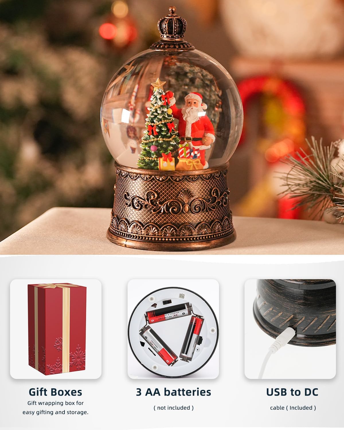 Snow Globe Christmas with Santa Claus, Lighted Christmas Snow Globes with Timer, Swirling Musical Glittering Snowglobe Lantern for Decorations(Santa Claus Gifts)