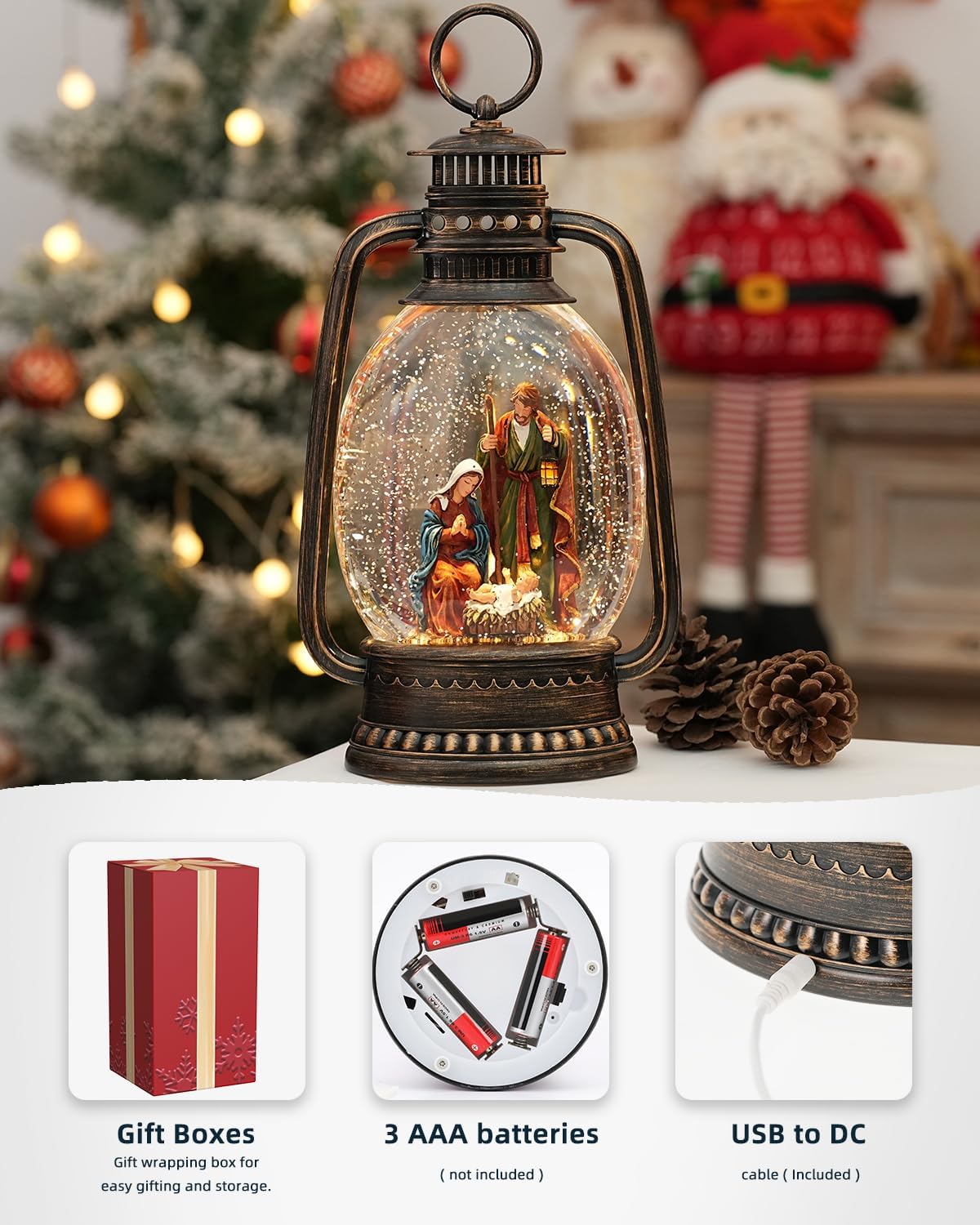12.6 Inch Large Christmas Snow Globes, Nativity Snow Globe Christmas with Silent Night Music, Glittering Timer Snow Globe Lantern with Jesus for Christmas Decor(Jesus)
