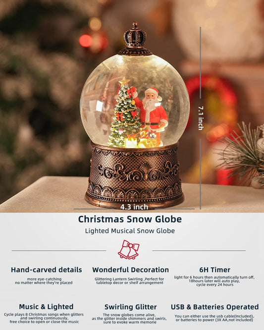 Snow Globe Christmas with Santa Claus, Lighted Christmas Snow Globes with Timer, Swirling Musical Glittering Snowglobe Lantern for Decorations(Santa Claus Gifts)