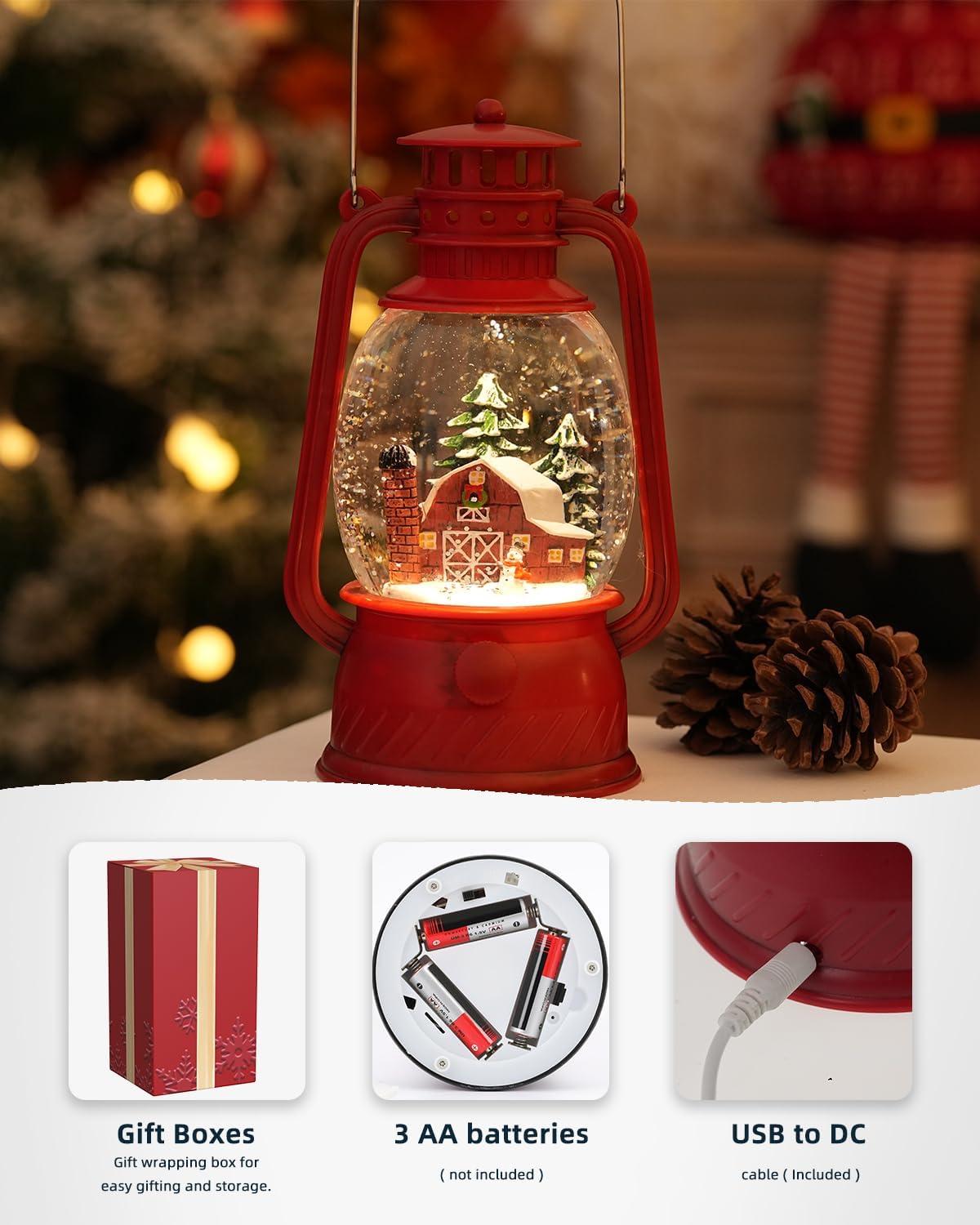 Snow Globe Christmas Decorations - Musical Christmas Snow Globes with 6H Timer,Christmas Village Lighted Scene Snow Globes Lantern USB or Battery Powered,Christmas Decorations Decor for Home
