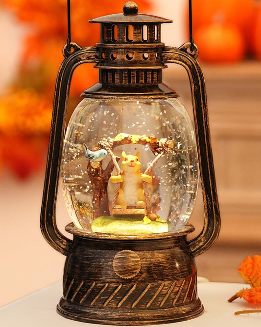 Fall Squirrel Snow Globe,Lighted with 6H Timer Glittering Blue Robin Squirrel Snow Globe Gifts for Christmas Fall Squirrel Decor Gifts