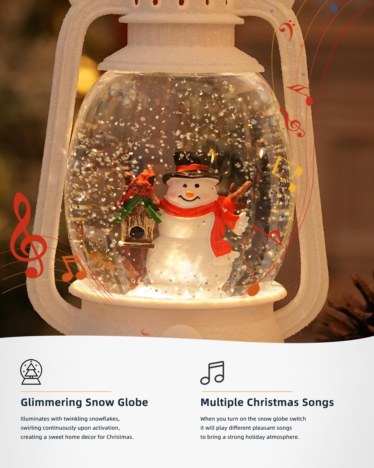 Christmas Snow Globes Snowman Decor, Musical Glitter Globe Light Up 6H Timer Cardinal Mailbox Village Snowman Snow Globe Christmas Decorations