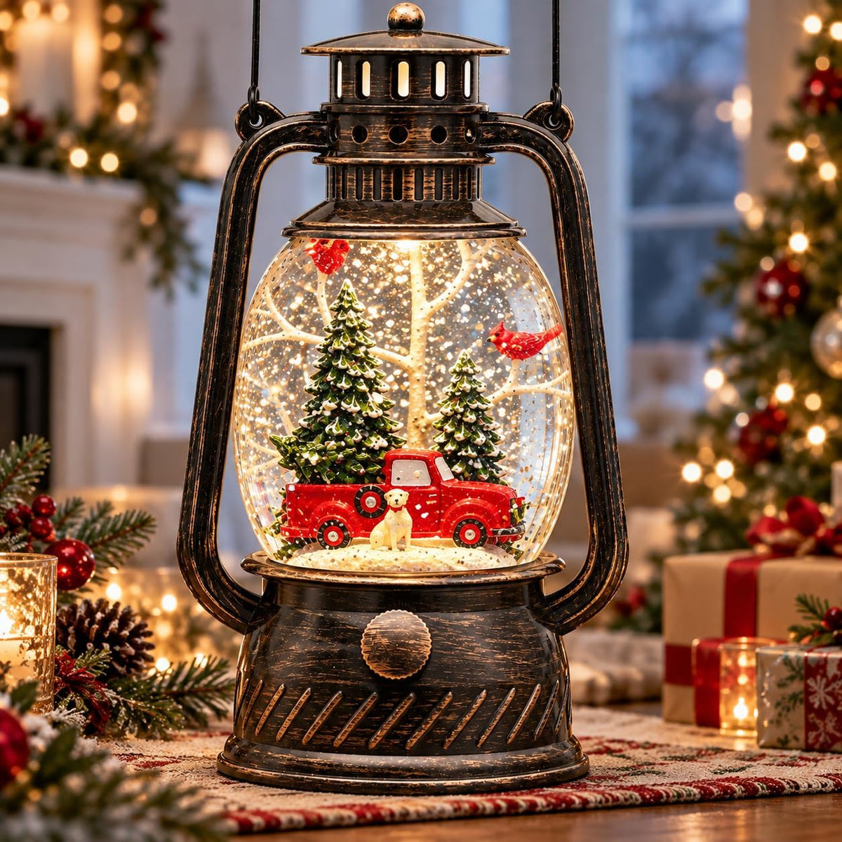 Christmas Snow Globe Lantern, Red Truck Musical Glowing Snow Globes, Indoor Home Christmas Decor, Battery or USB Powered, with 6-Hour Timer, Holiday Decor Gift Christmas Lantern