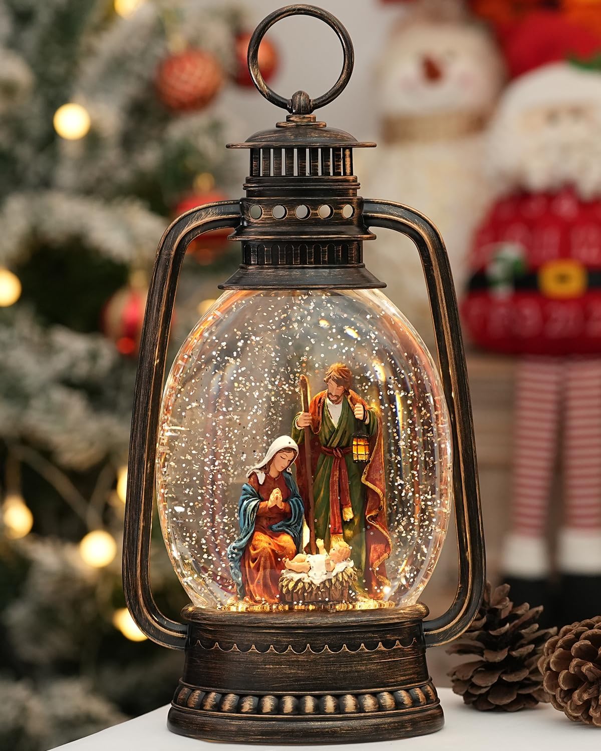 12.6 Inch Large Christmas Snow Globes, Nativity Snow Globe Christmas with Silent Night Music, Glittering Timer Snow Globe Lantern with Jesus for Christmas Decor(Jesus)