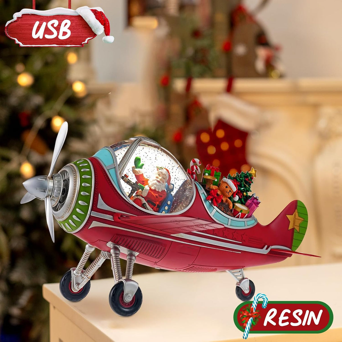 Large Airplane Christmas Snow Globe with Santa Claus Gifts, Lighted Musical Snow Globe Christmas Decorations with Swirling Glitter, USB Powered, Holiday Decor​(Santa Claus Airplane)