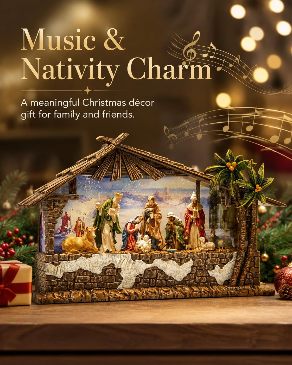Nativity Christmas Snow Globe, Large Lighted Musical Nativity Scene Holiday Decoration, 13.5 Inch Resin Christmas Tabletop Decor with Timer, USB & Battery Powered for Mantel and Home Display