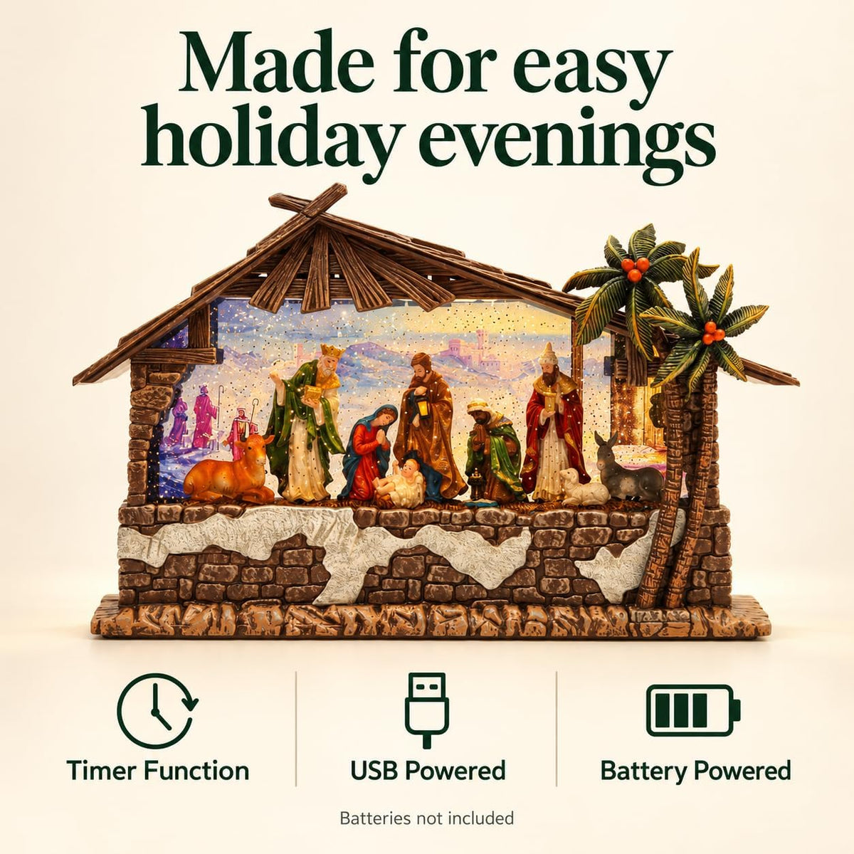 Nativity Christmas Snow Globe, Large Lighted Musical Nativity Scene Holiday Decoration, 13.5 Inch Resin Christmas Tabletop Decor with Timer, USB & Battery Powered for Mantel and Home Display