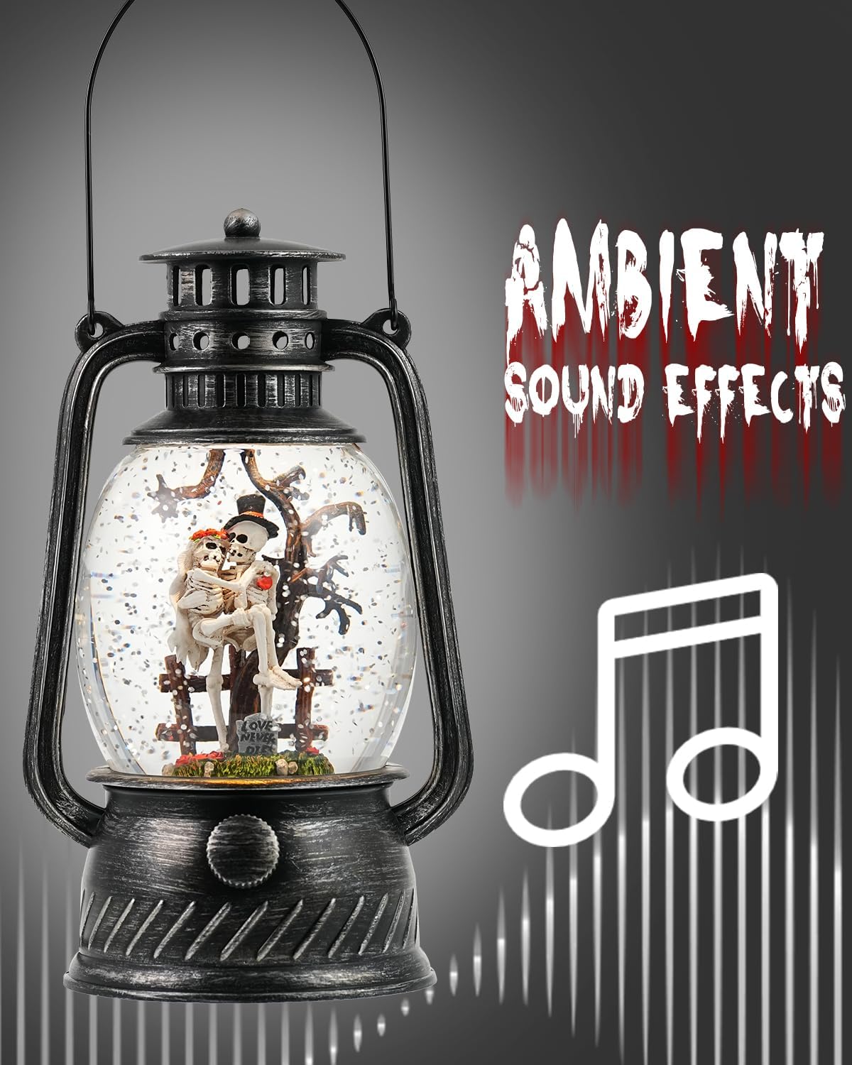 Halloween Snow Globe, Halloween Decorations Indoor Light Up Snow Globe Lantern with Music, 6H Timer, Love Never Dies Swirling Glitter Halloween Lantern for Halloween Home Decorations